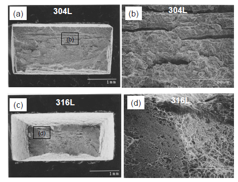 Fracture surfaces after slow strain rate tensile tests in high-pressure hydrogen: SUS304L and SUS316L