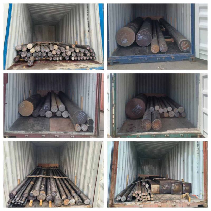 SHUNFU METAL 150 tons of certified 4130, 4140, and 4145H Mod alloy steel bars loaded for ocean freight export to Germany, featuring ASTM-compliant labeling and industrial packaging.