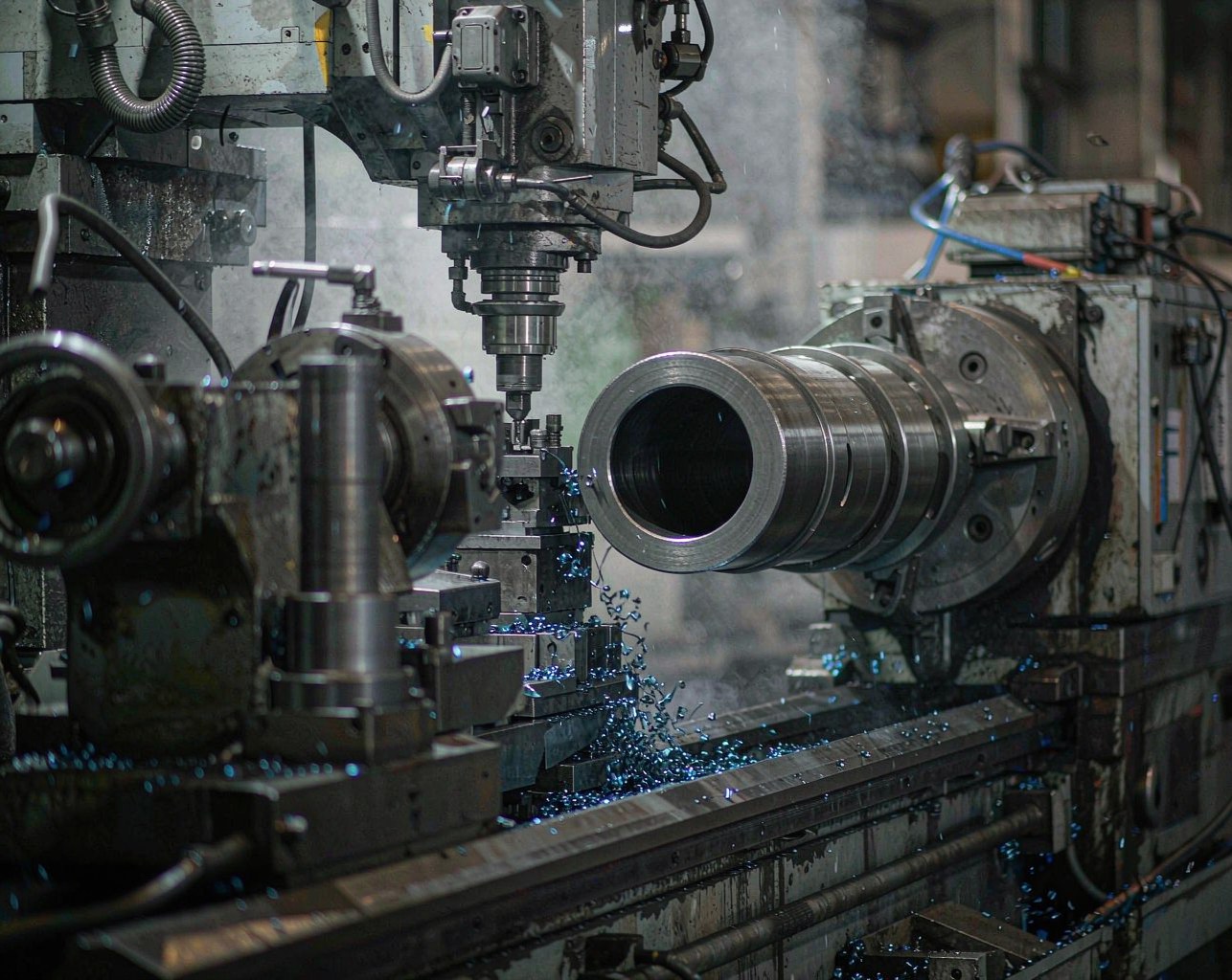 4330V modified alloy steel hollow bar being turned on a heavy CNC lathe with blue chips and coolant mist