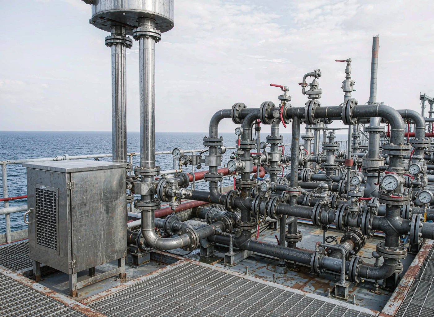 High-pressure piping and manifolds on an offshore drilling platform