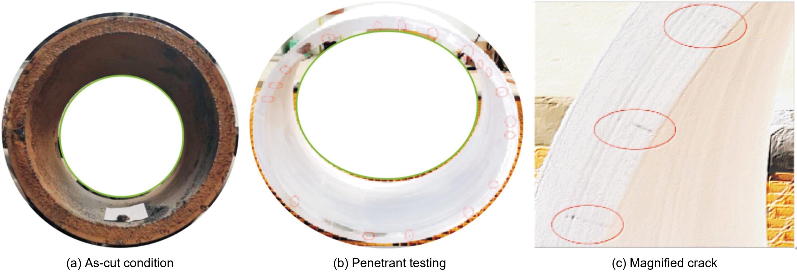 Plasma cutting cracks in 17-4PH stainless steel pipe fitting: as-cut condition, penetrant testing after machining, and magnified cutting crack