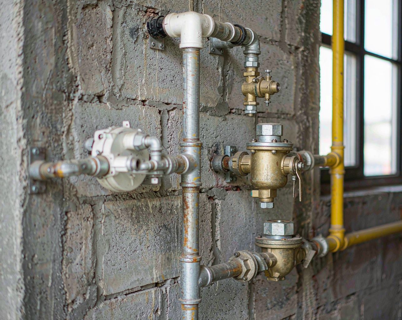 Indoor gas meter, pressure regulator and yellow steel gas piping installed on a utility wall with clearance for maintenance