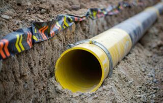 Steel natural gas transmission pipeline laid on sand bedding in an excavated trench with warning tape above